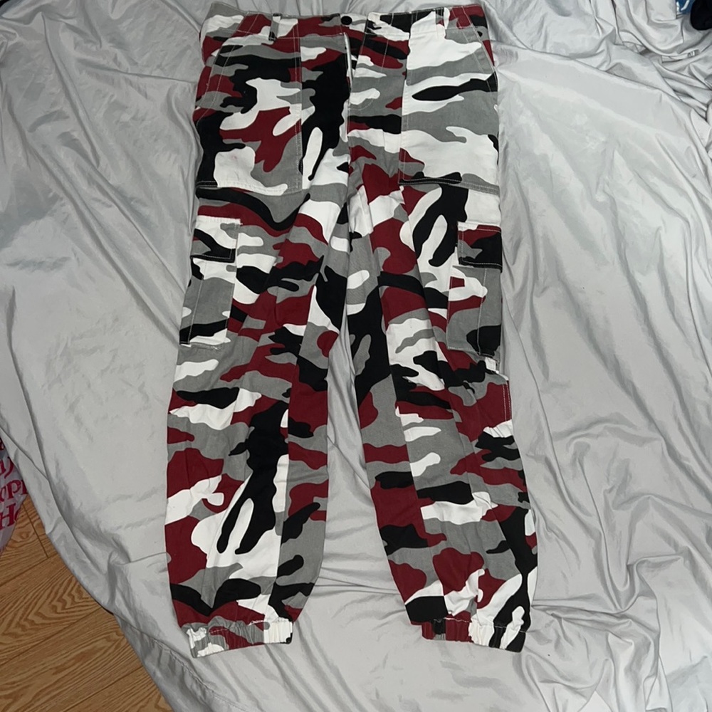 Red white and gray cargo pants from forever 21